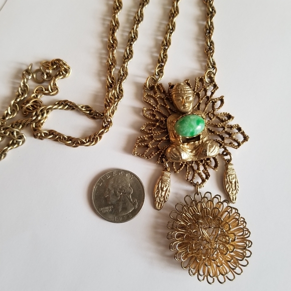 Relisted -Vintage buddha necklace green gold tone flower boho filigree bohemian - Picture 6 of 15